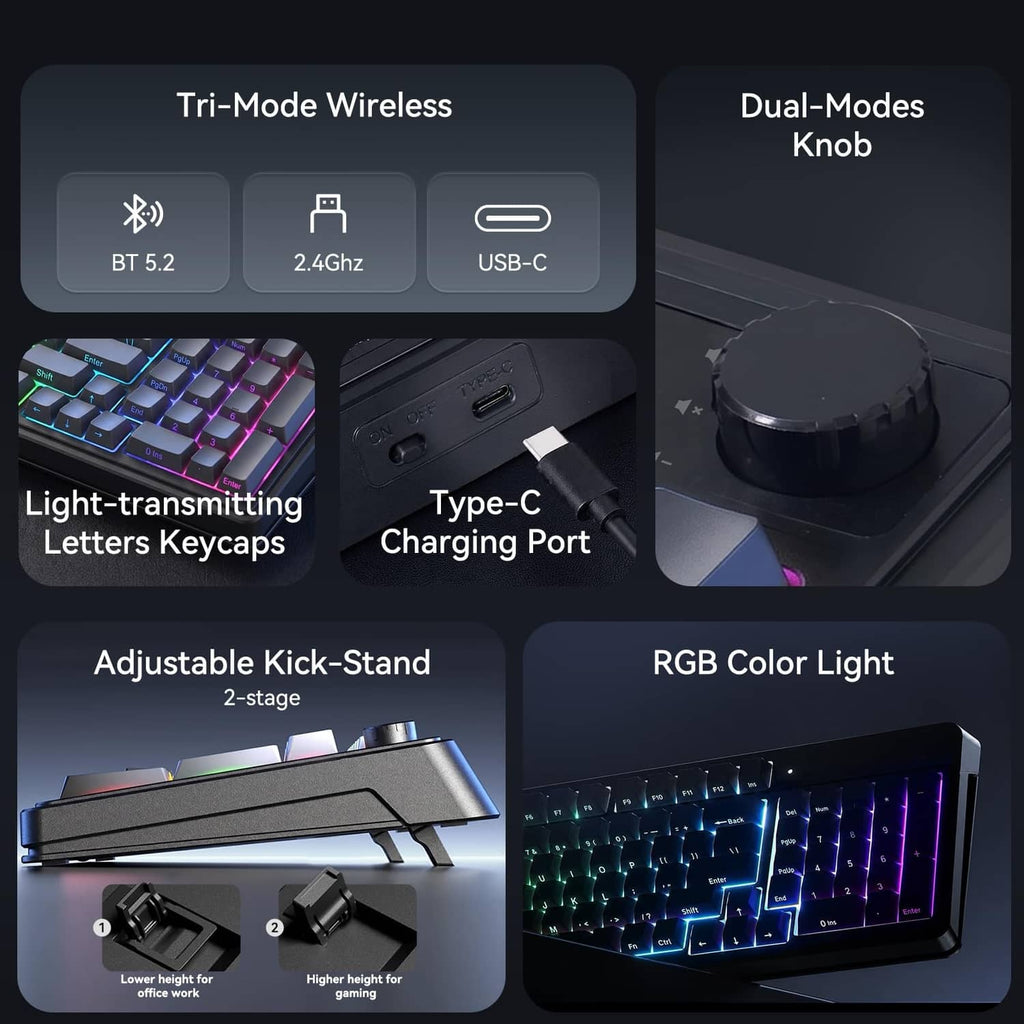 Tri-mode wireless keyboard features: BT, 2.4GHz, USB-C, and adjustable kickstand.