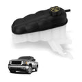 Black plastic engine coolant expansion reservoir tank with cap and side outlet