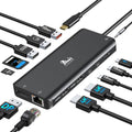 Black USB C docking station with front and side ports and connected cables