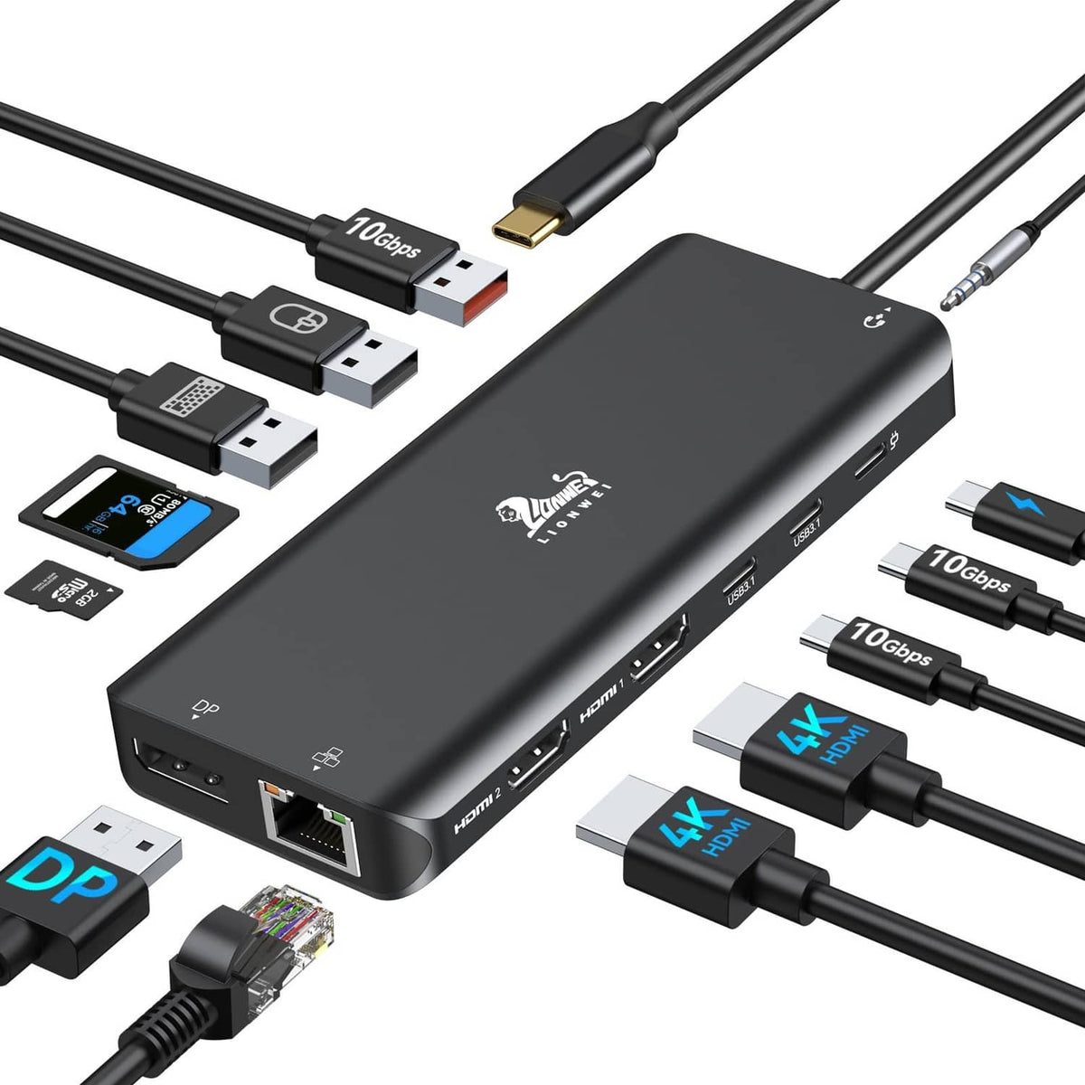 Black USB C docking station with front and side ports and connected cables