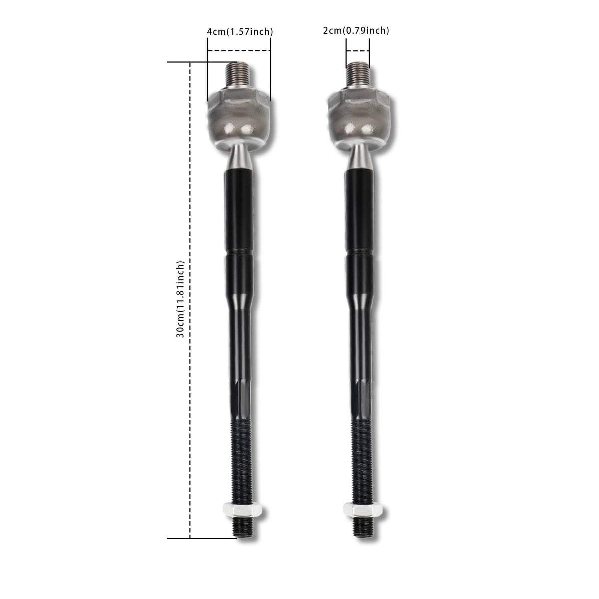 Two tie rod links, black bars with silver ball joints and threaded studs