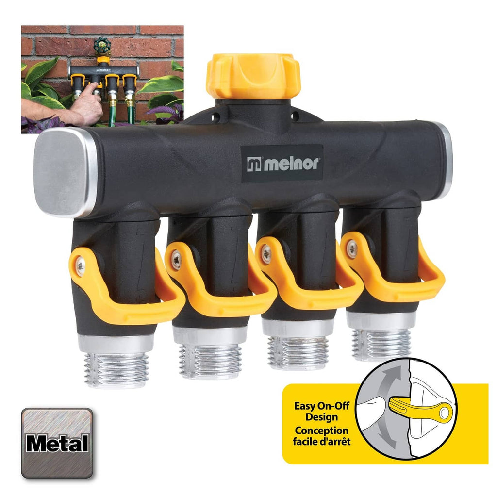 4-way lever water valve splitter with black manifold, yellow levers, and four threaded outlets