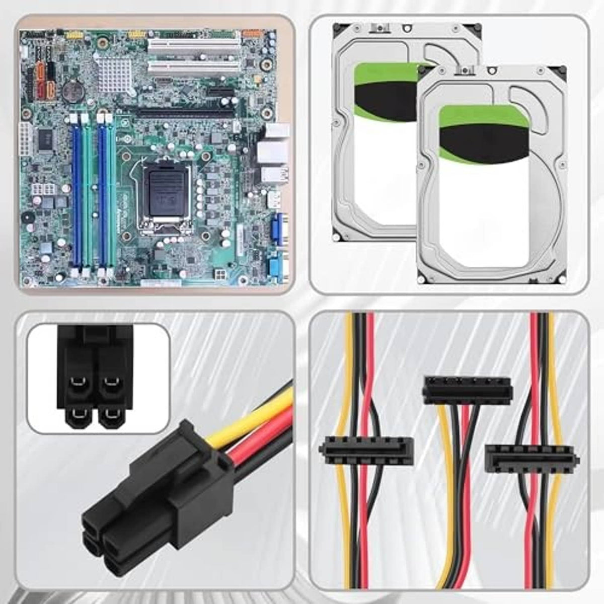 SATA power splitter cable with black 15-pin connectors and multi-color wiring leads