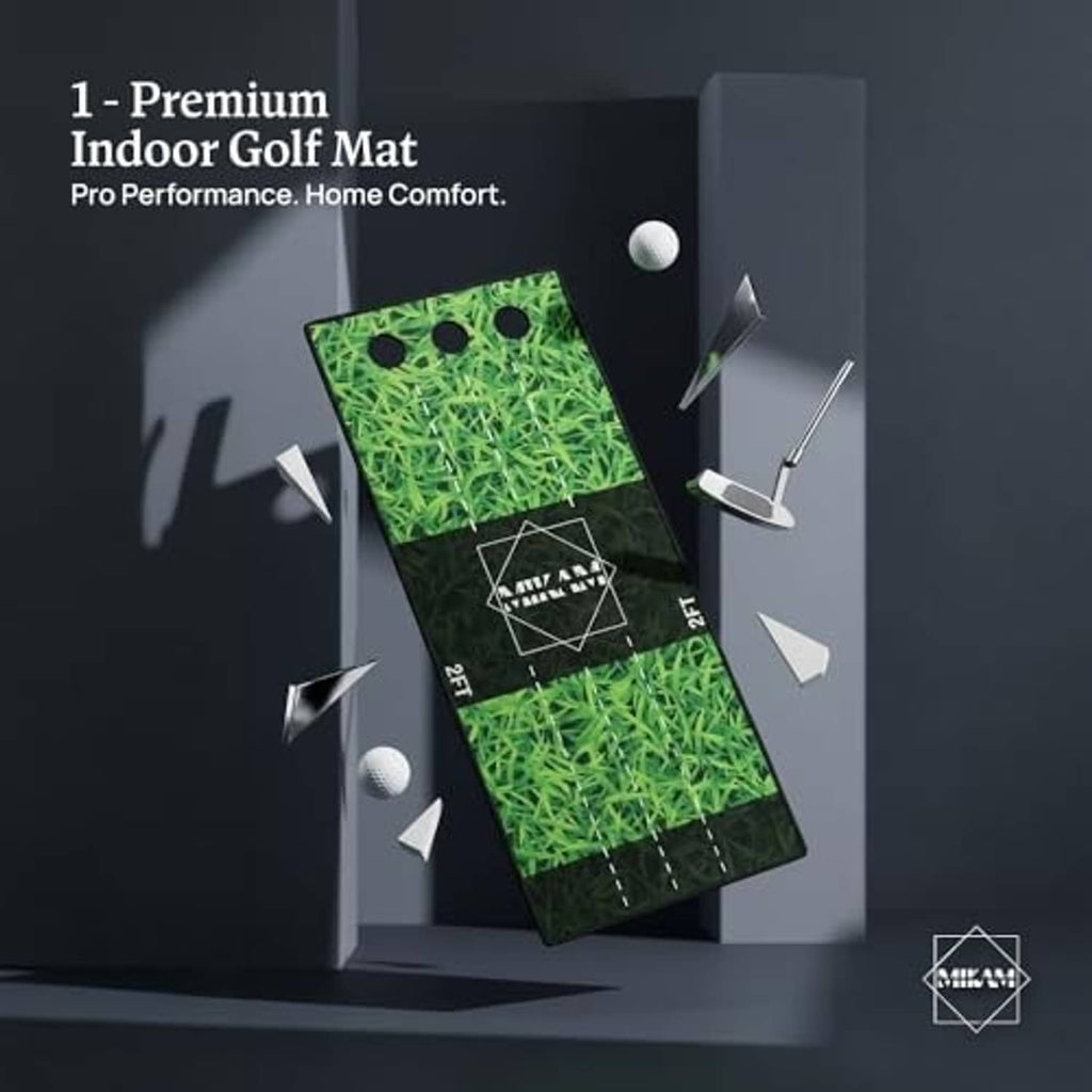 Indoor golf putting mat with green grass texture, three practice holes, black target area and alignment lines