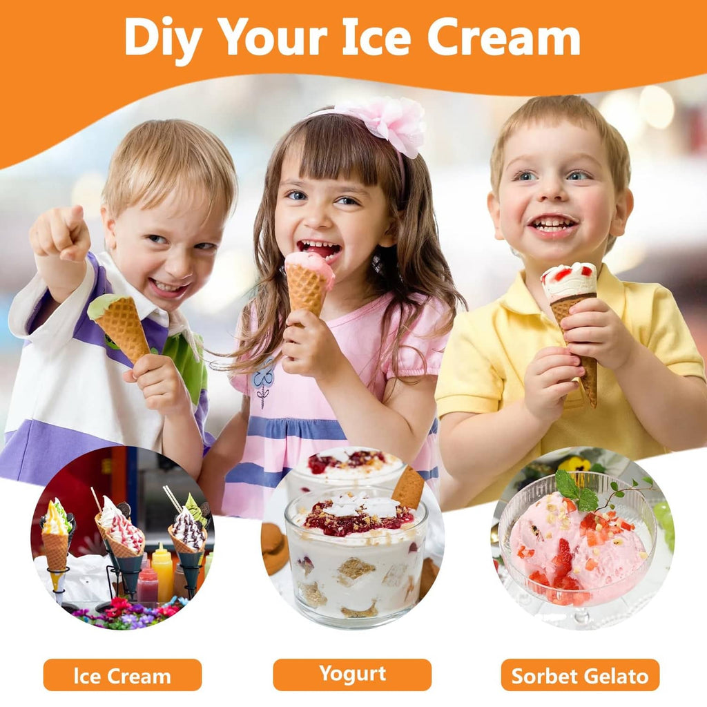 Ice cream maker bowl attachment on red KitchenAid stand mixer with ice cream