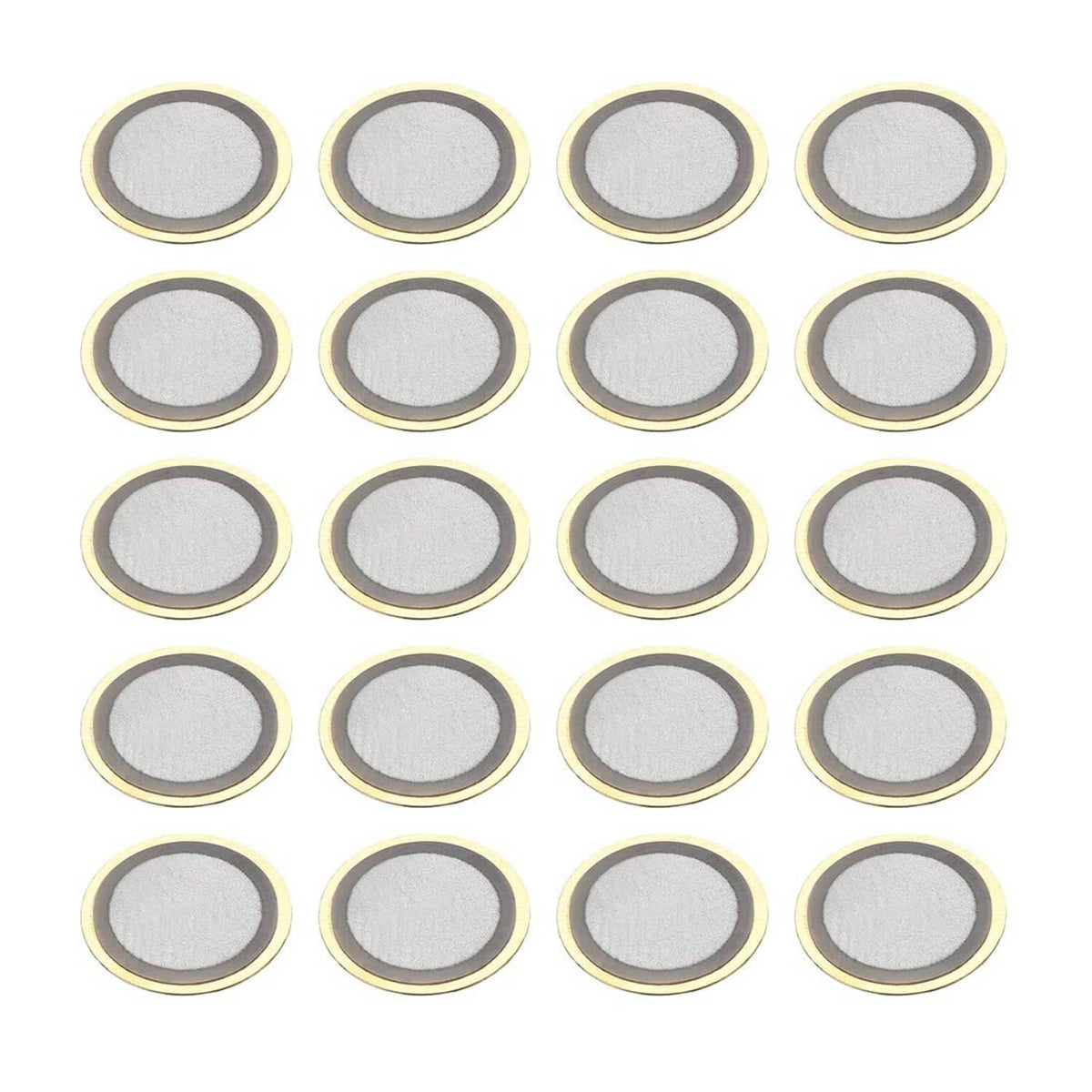 20 piezoelectric transducer discs, 10mm round elements with gray center and gold ring.
