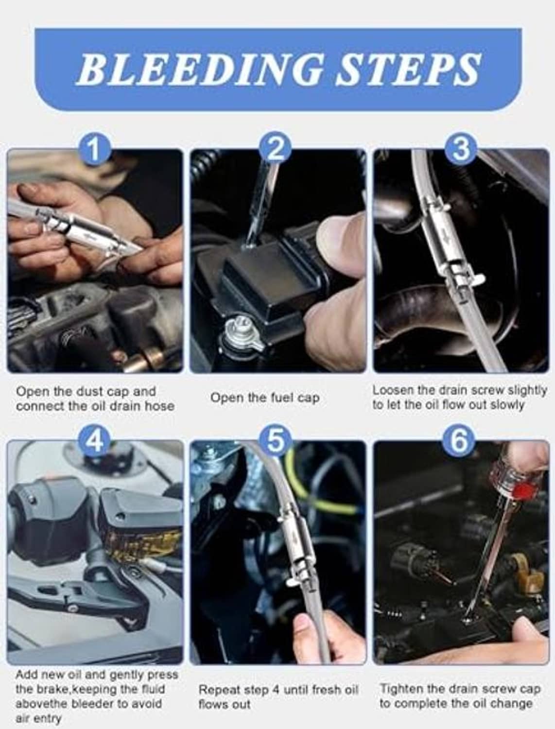 Bleeding steps diagram with numbered 1–6 instructions for brake fluid bleeding