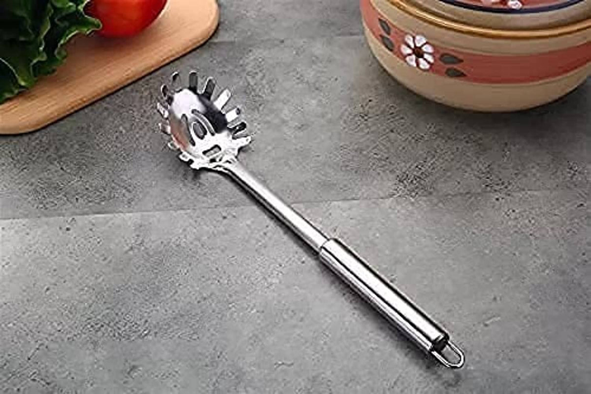 Stainless steel spaghetti server with spoked disk head and looped handle end