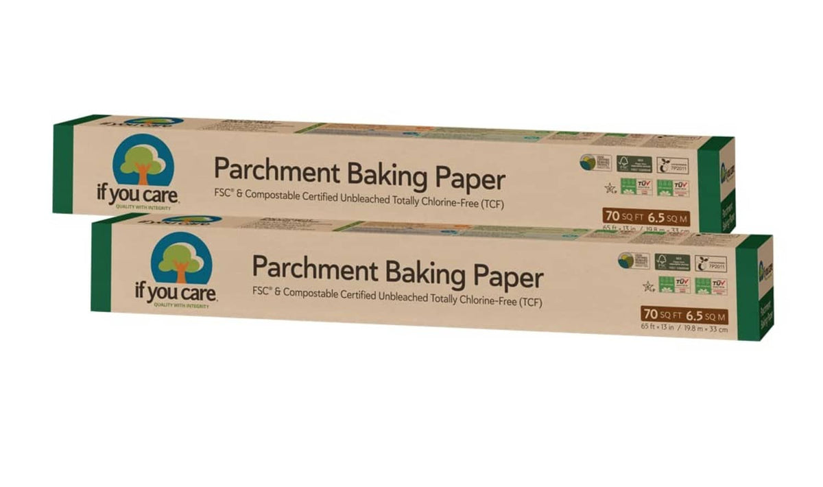 Parchment baking paper boxes, two pack, unbleached, brown and green labels