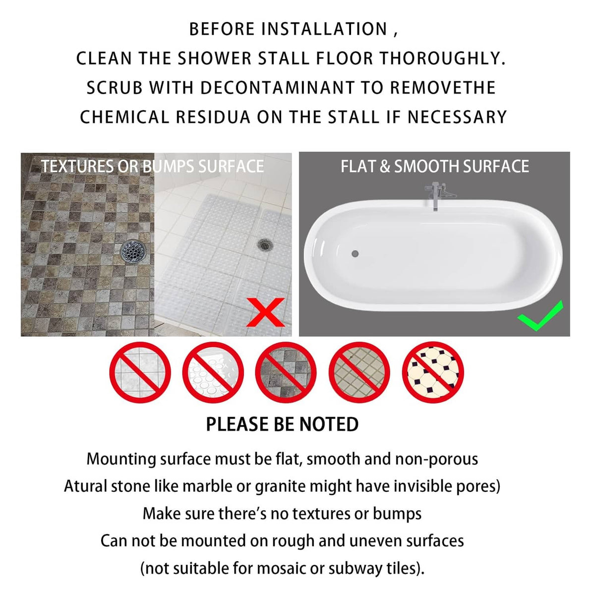 Gray bath mat with textured bumps and suction cup domes, designed for smooth install