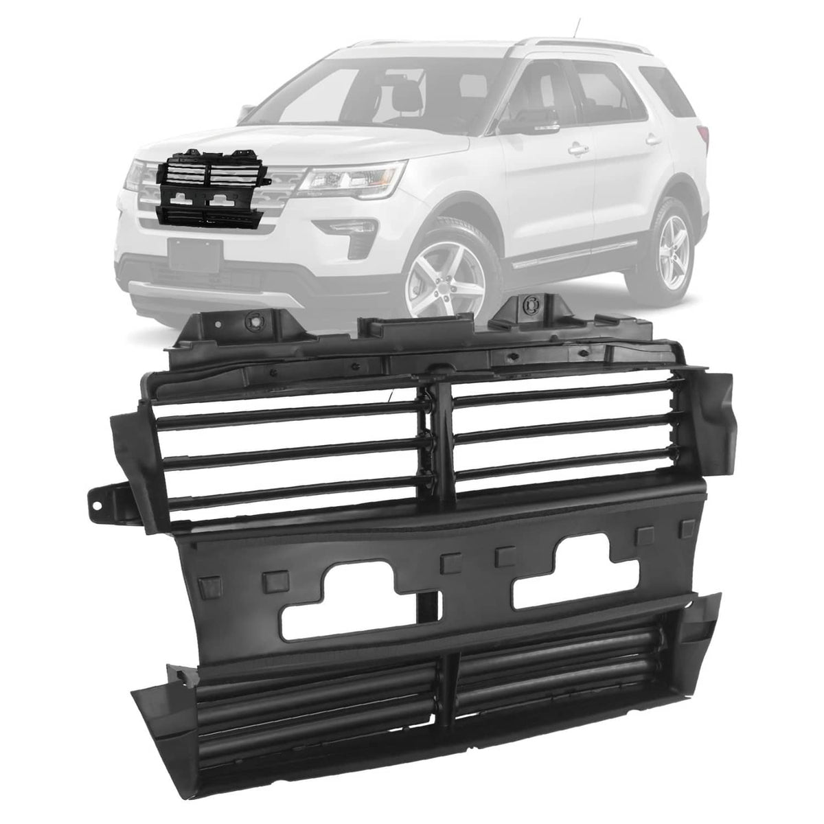 Black radiator grille shutter assembly with horizontal slats and mounting brackets