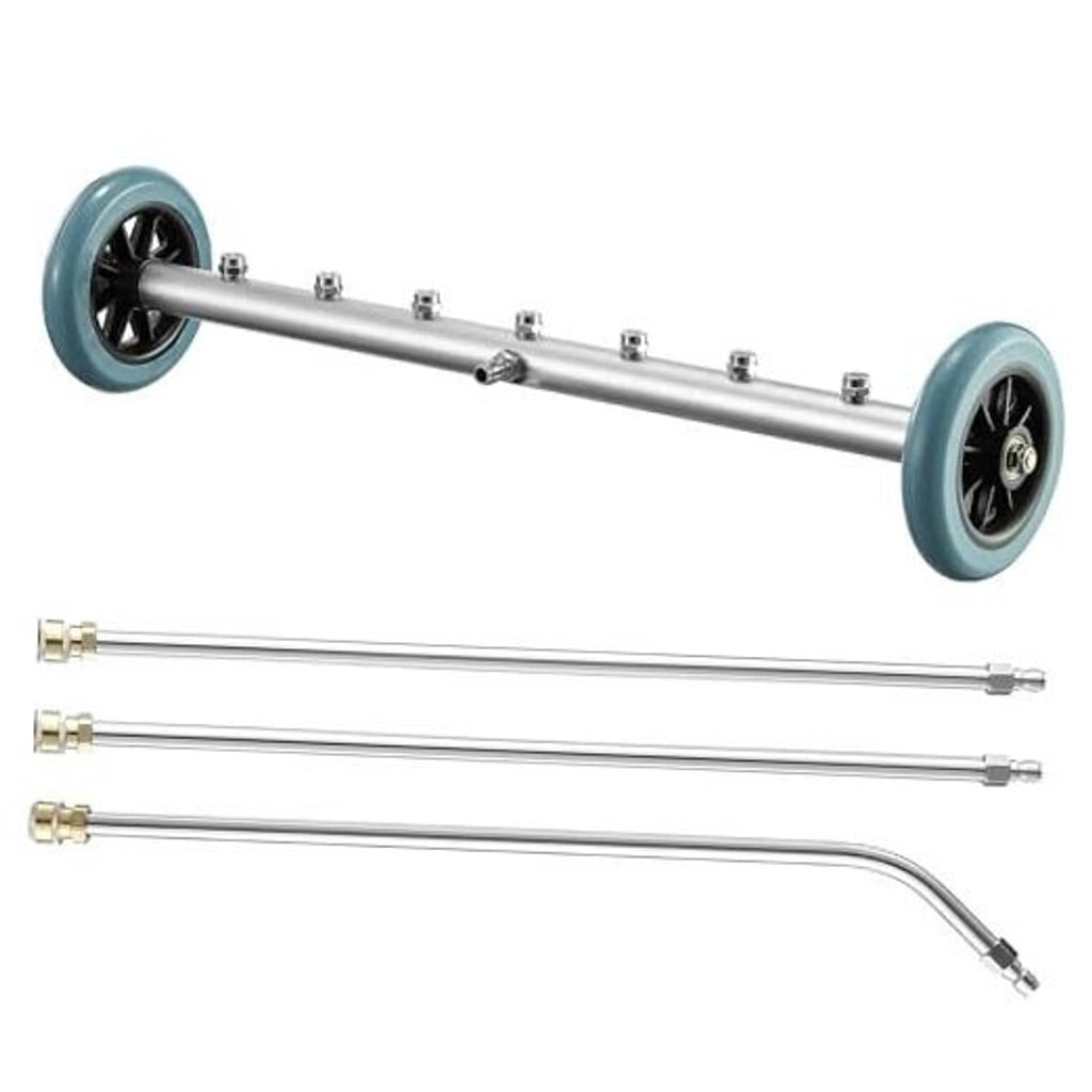 24 in undercarriage pressure washer cleaner wand with teal wheels and nozzle ports