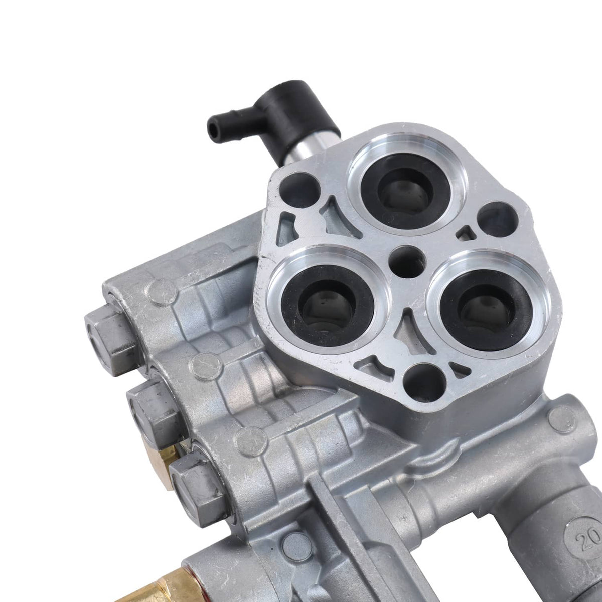 Pump head assembly with circular cylinder bores, silver housing, and black hose fitting
