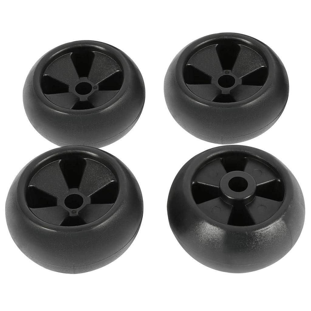 Set of four black mower deck wheels with 5-spoke hub and center axle opening