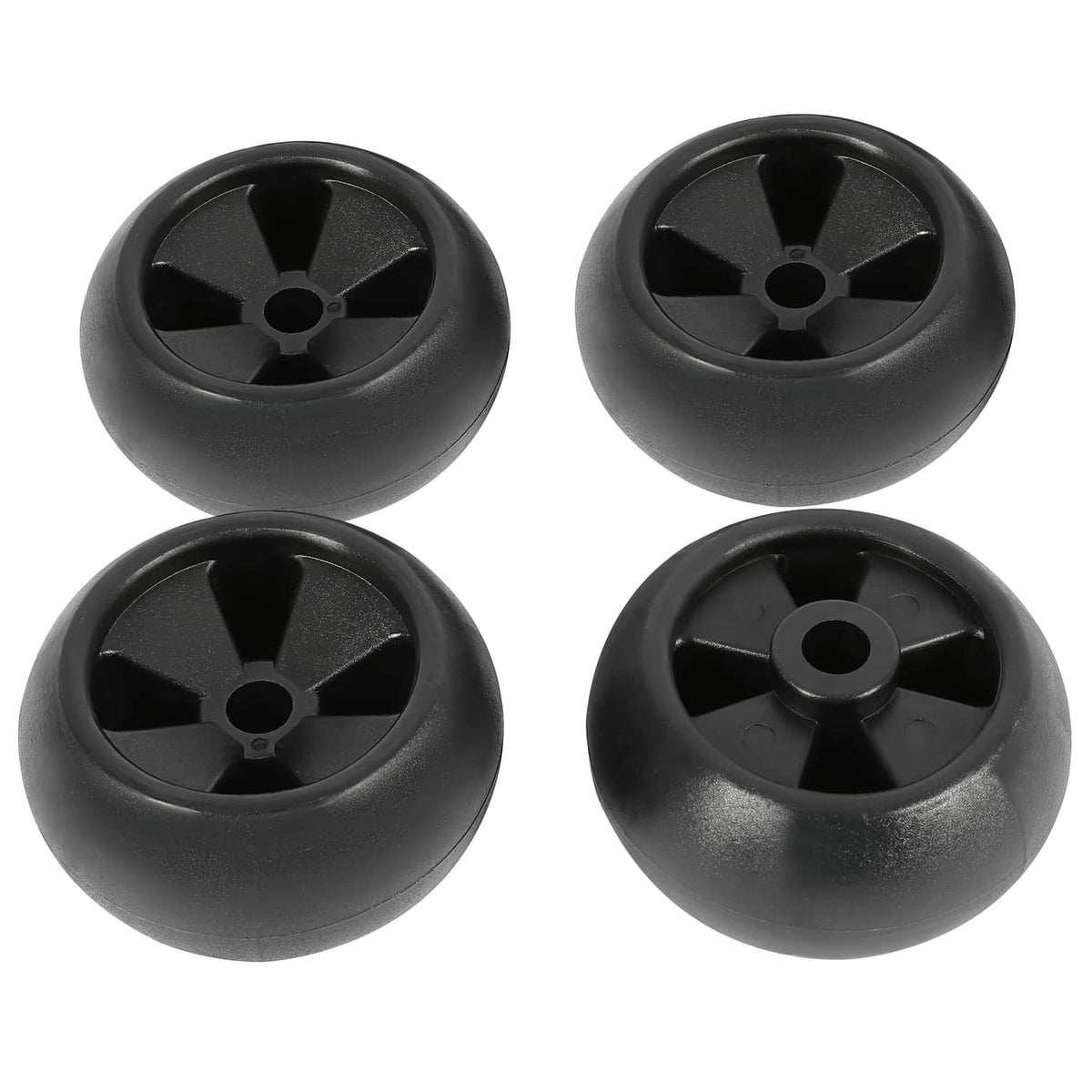 Set of four black mower deck wheels with 5-spoke hub and center axle opening