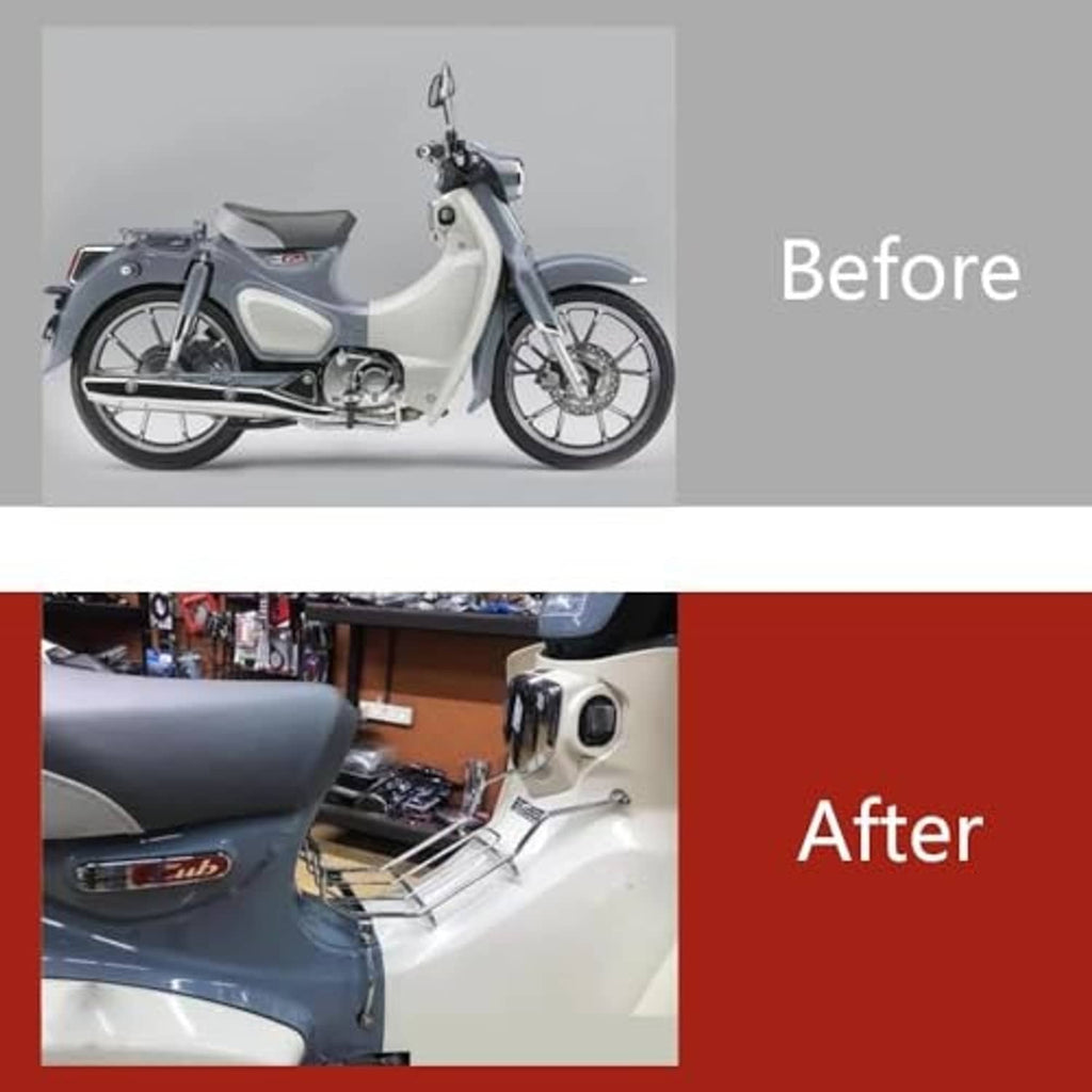 Motorcycle before-and-after view showing installed chrome luggage rack carrier
