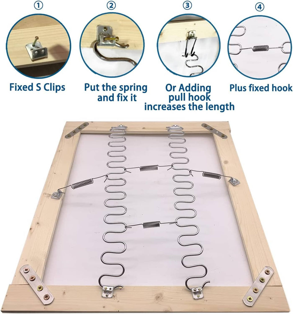 Sofa spring replacement kit with fixed S-clips, hooks, and pull-length springs