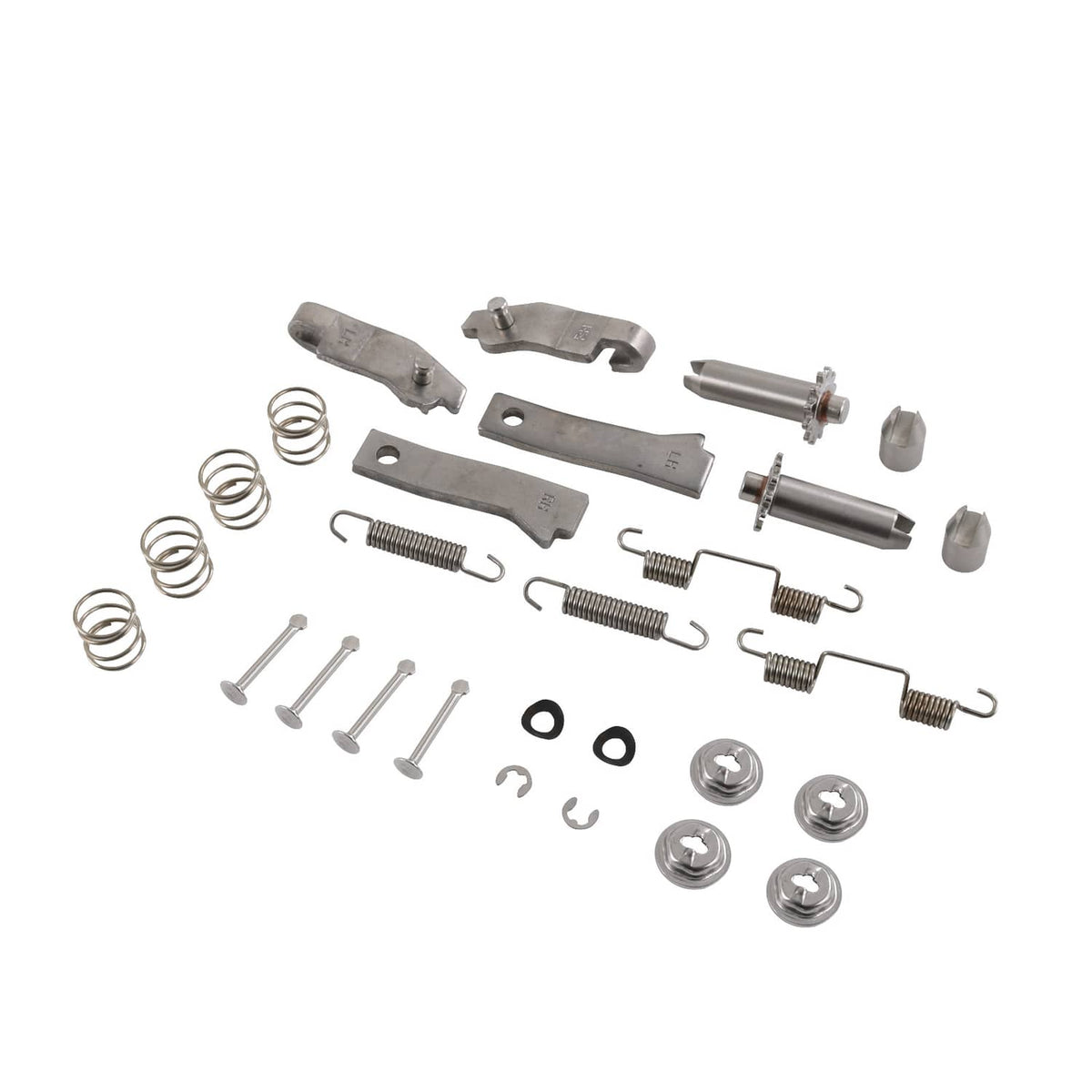 Stainless steel parking brake hardware kit pieces including springs, brackets, screws, and seals