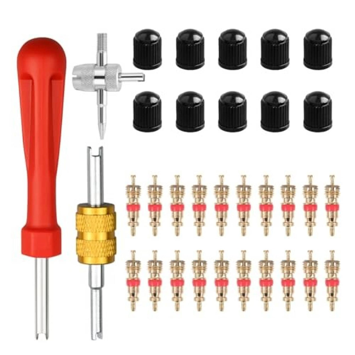 Red-and-silver tire valve core removal tool with gold adapter and spare valve caps