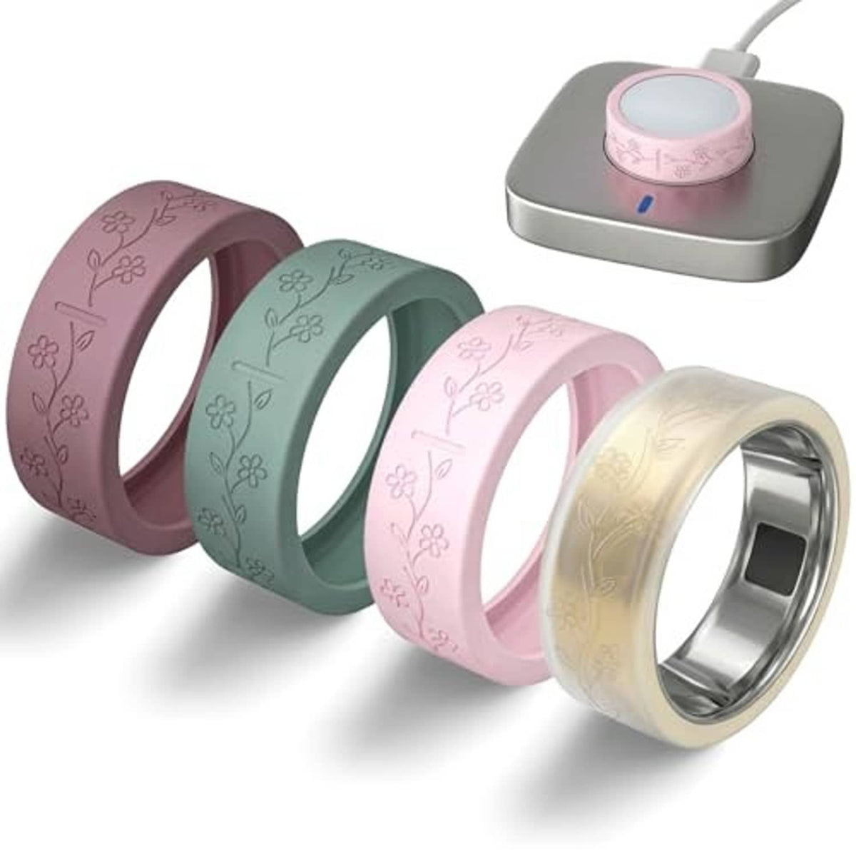 Four ultra-thin ring covers with floral prints in mauve, teal, pink, and gold
