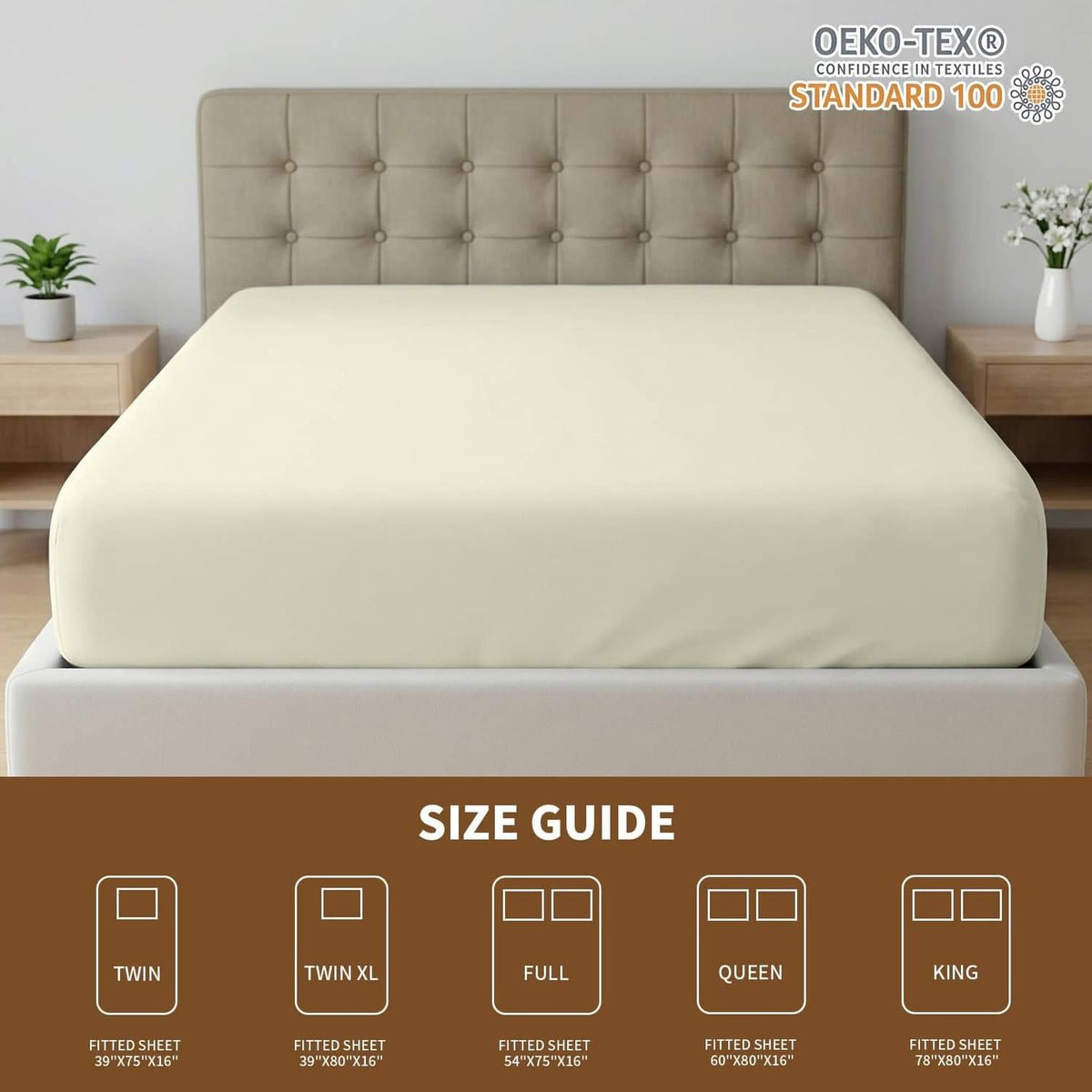 Light yellow fitted sheet with OEKO-TEX Standard 100 certification; twin size shown
