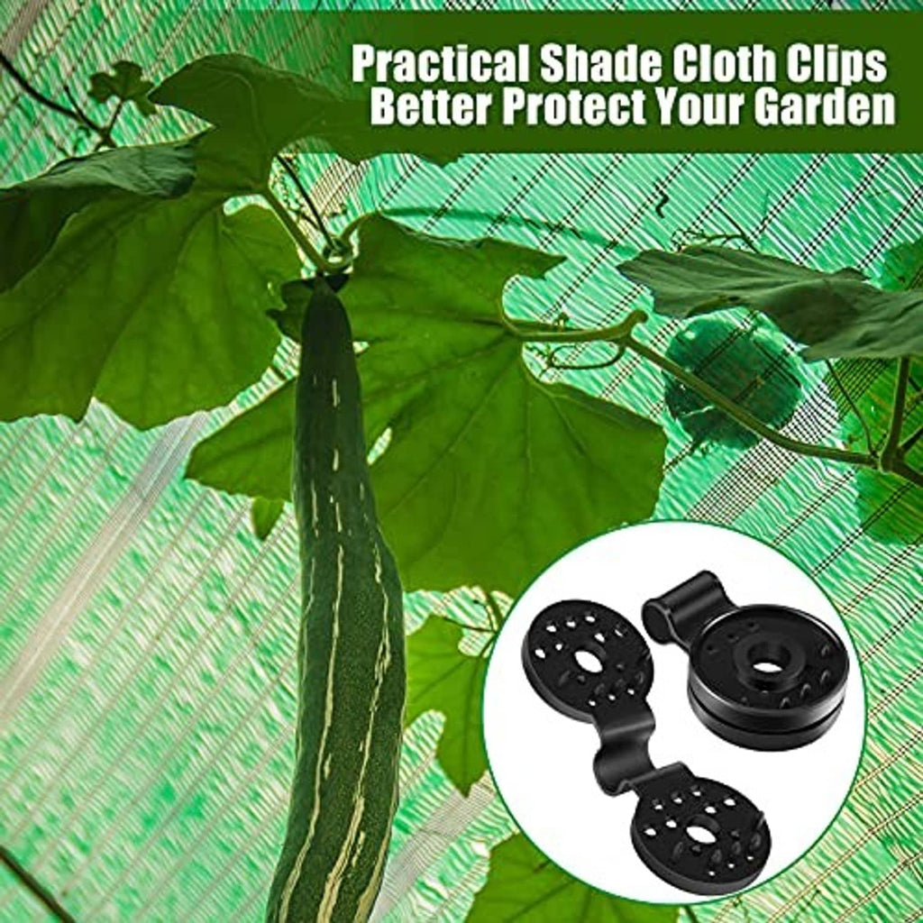 Black perforated shade cloth clips with pins, holding woven net on posts