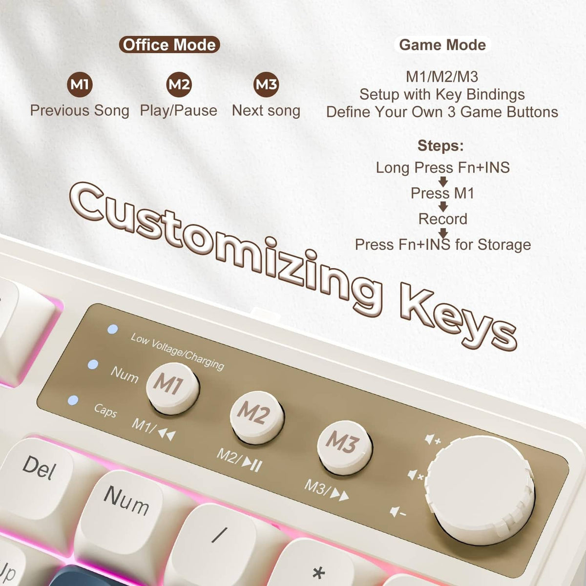 Gaming keyboard top panel with custom keys and mode buttons beside a dial.