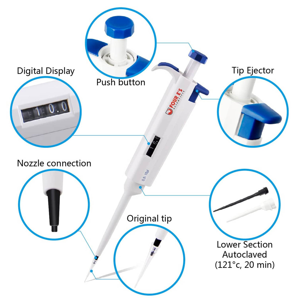 Single-channel micropipette labeled with digital display, push button, and tip ejector