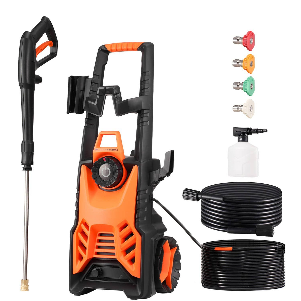 Orange and black electric pressure washer with coiled hose reels and spray attachments
