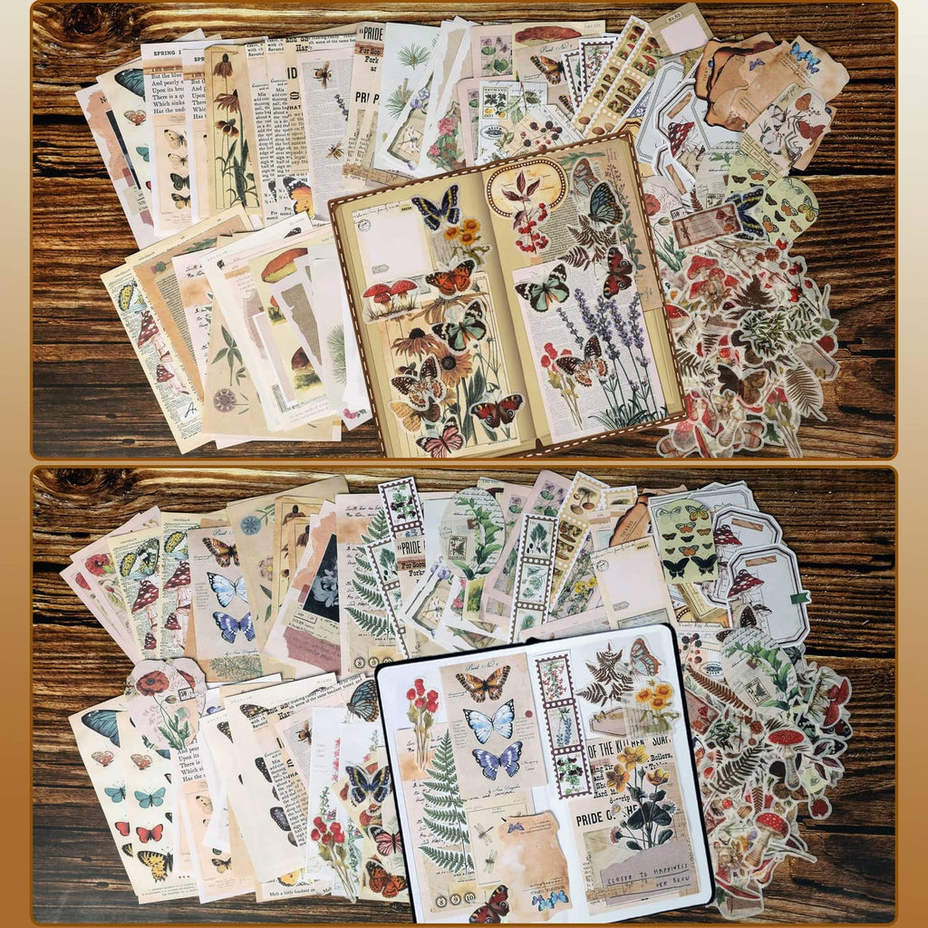 Vintage scrapbook collage pack featuring patterned paper cards, butterflies, and sticker cutouts