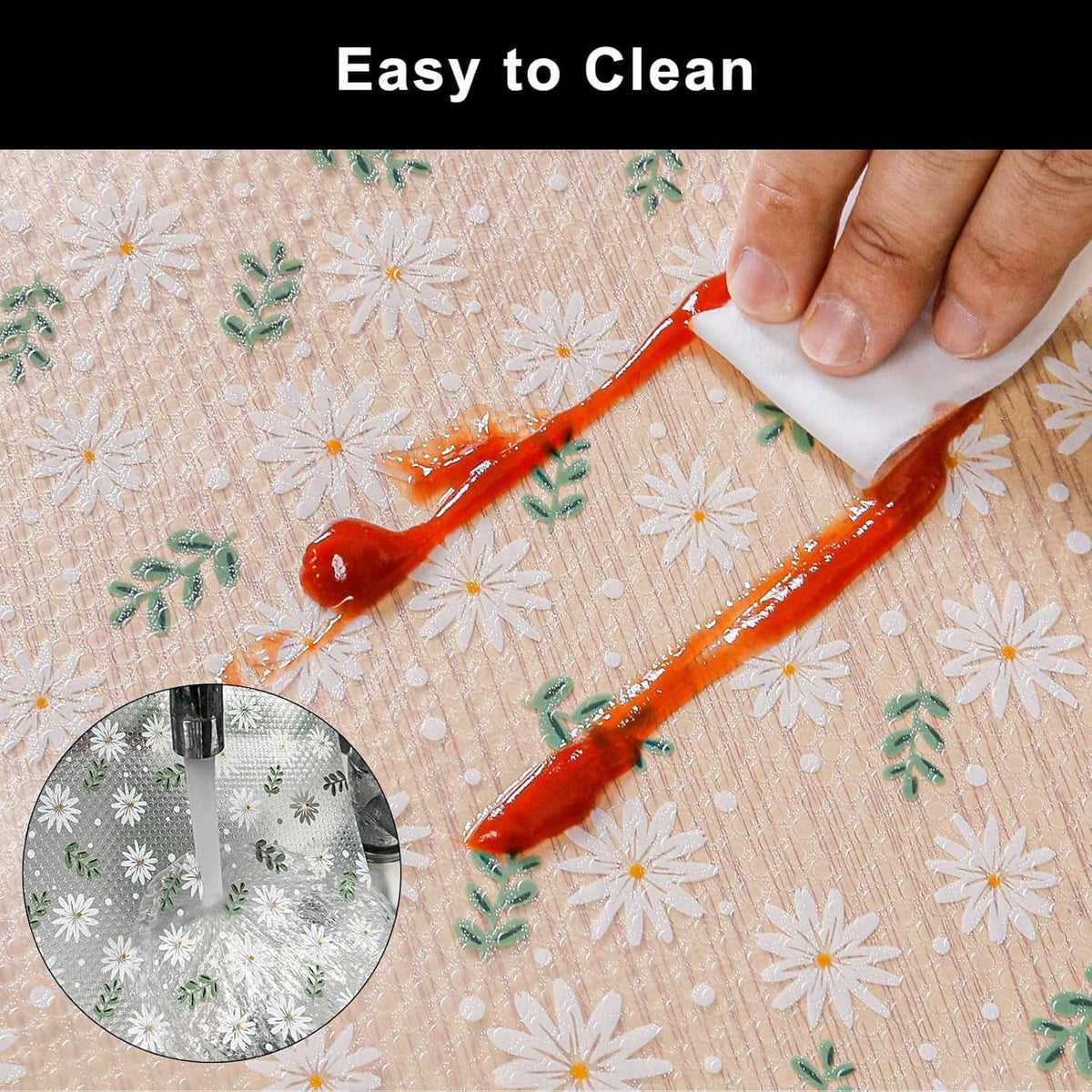 Easy-clean non-adhesive shelf liner, wipes up spills without sticky residue