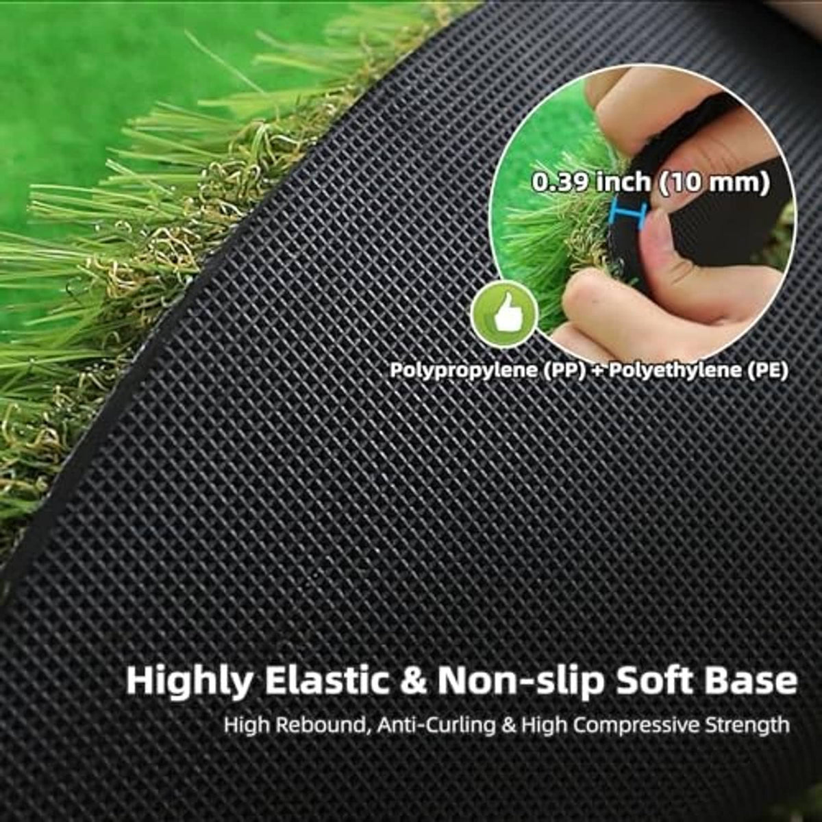 Golf putting mat close-up of black non-slip grid base with green turf edge