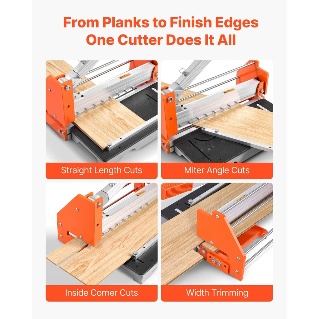 Vinyl flooring cutter for straight length, miter angle, corner cuts, and trimming
