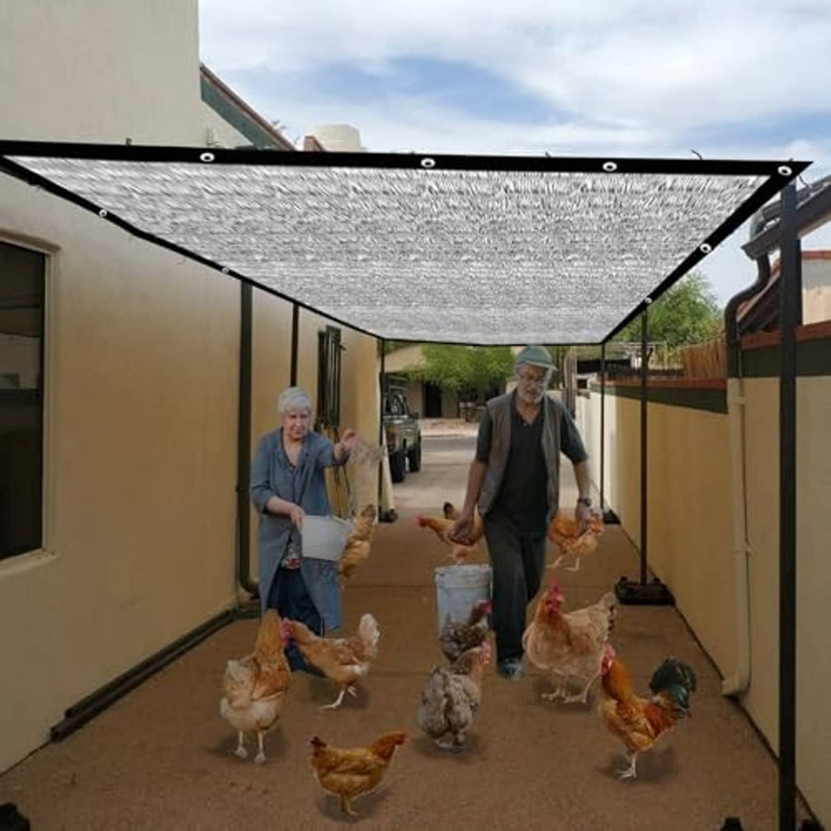 Gray reflective shade cloth canopy stretched on a frame with metal grommets