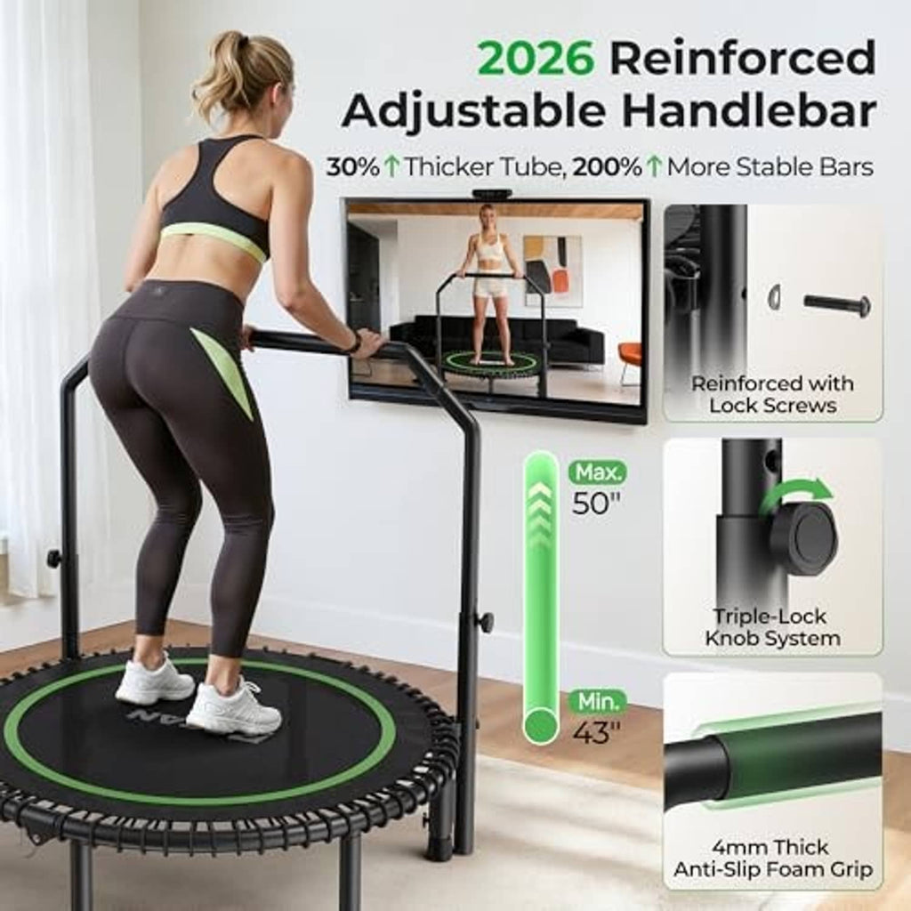 Mini rebounder trampoline with adjustable padded handlebar and green bounce mat
