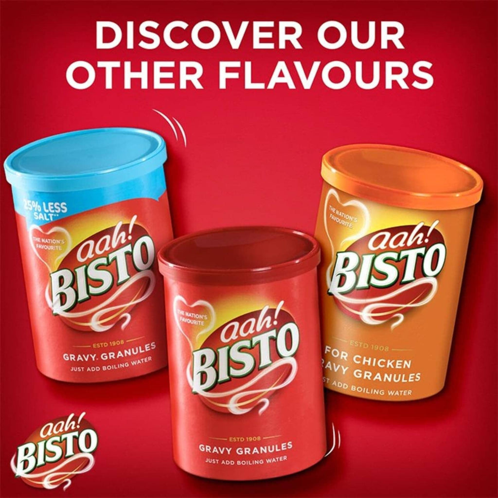 Assorted Bisto gravy granules tubs with different flavors in red, orange, and blue