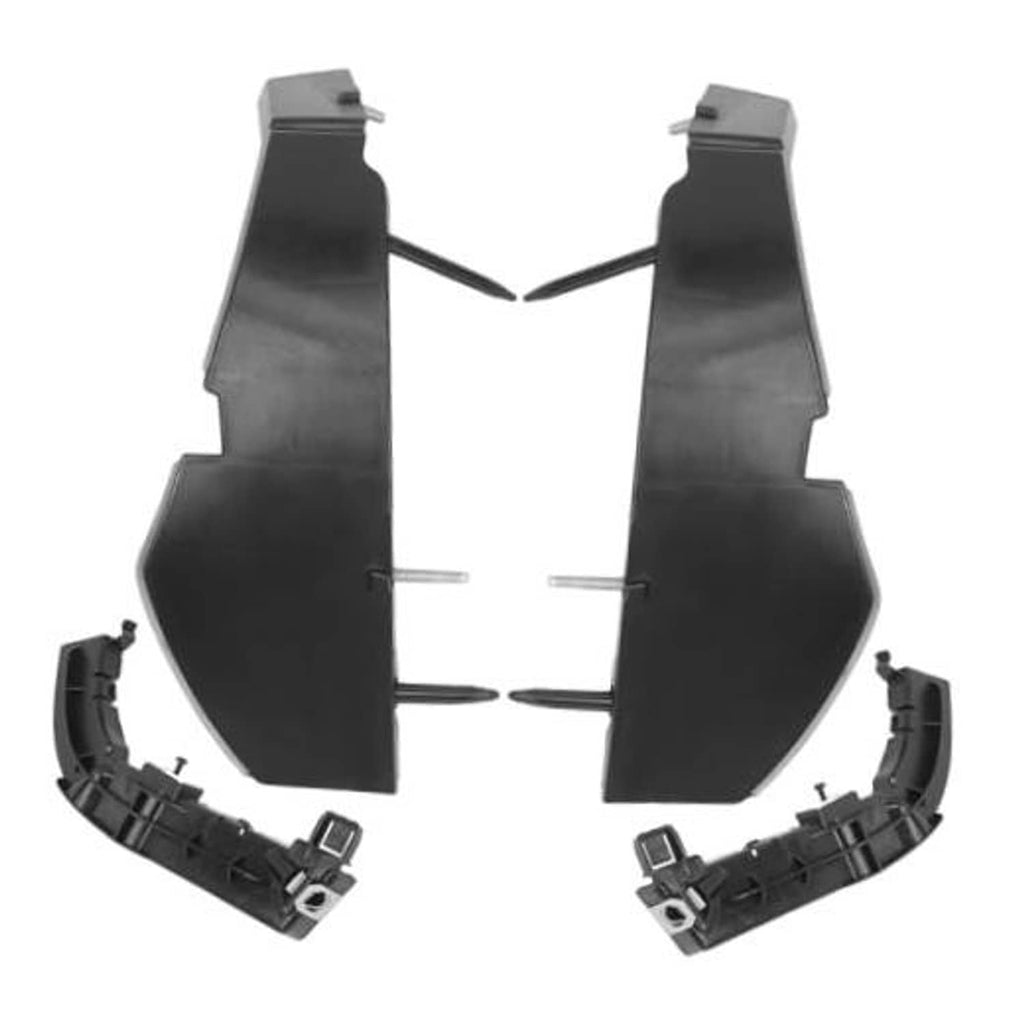 Front bumper bracket covers and support brackets, two-piece set of dark plastic parts.