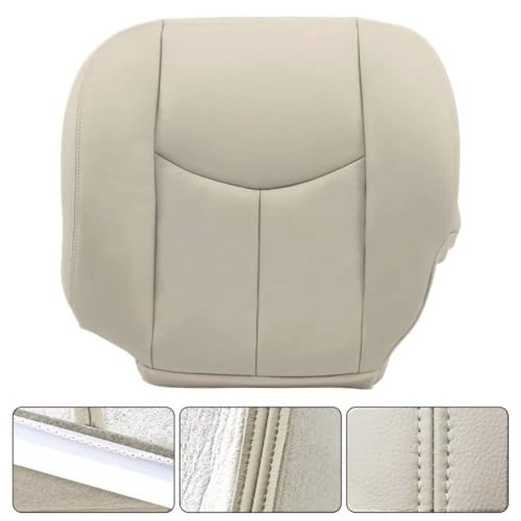 Light tan driver seat bottom cover with center curved panel and detailed edge stitching