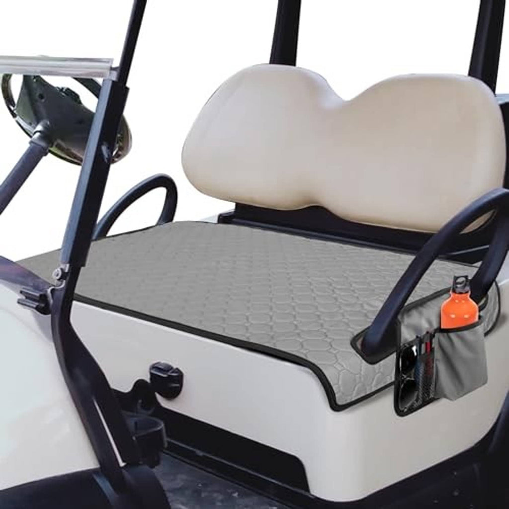 Grey hex-pattern golf cart seat towel blanket with mesh surface and side storage pocket