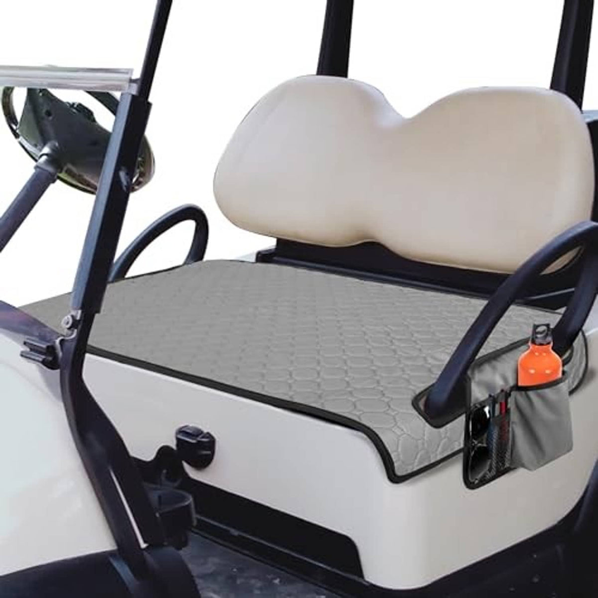 Grey hex-pattern golf cart seat towel blanket with mesh surface and side storage pocket