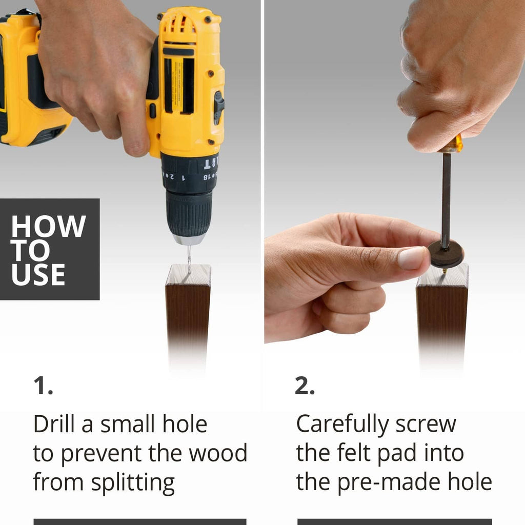 Screw-in felt pad installation with metal screw tip and felt base