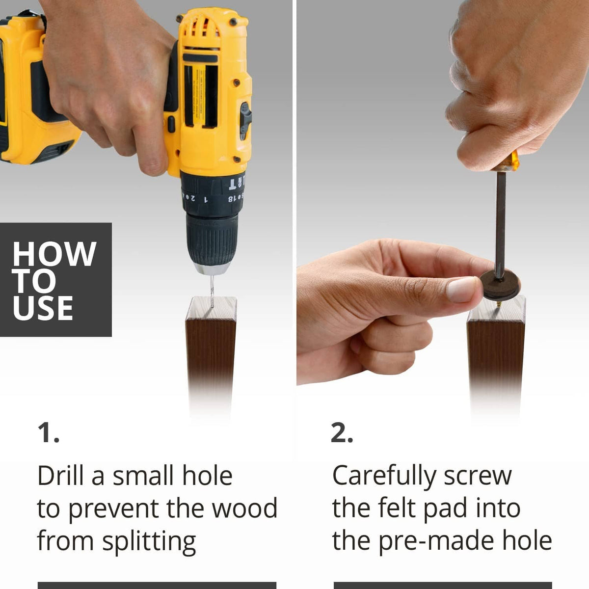 Screw-in felt pad installation with metal screw tip and felt base