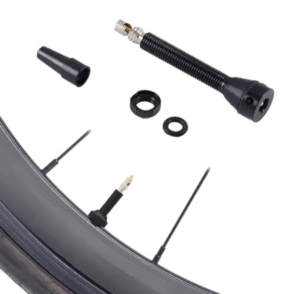 Presta valve stem parts set: black stems, cap, washers, and L-shaped valve tool