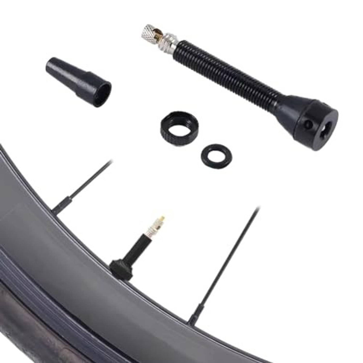 Presta valve stem parts set: black stems, cap, washers, and L-shaped valve tool