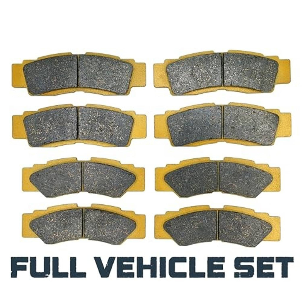 Ceramic brake pads, six curved dark friction segments on gold backing