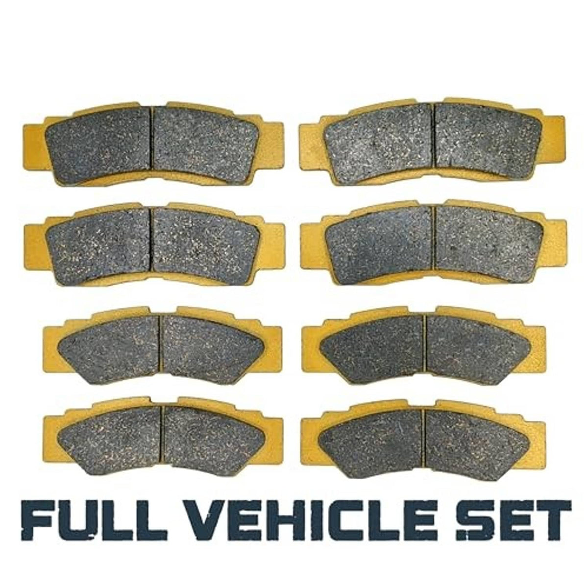 Ceramic brake pads, six curved dark friction segments on gold backing