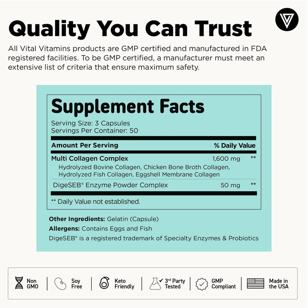 Black Multi Collagen Complex supplement bottle with Supplement Facts panel