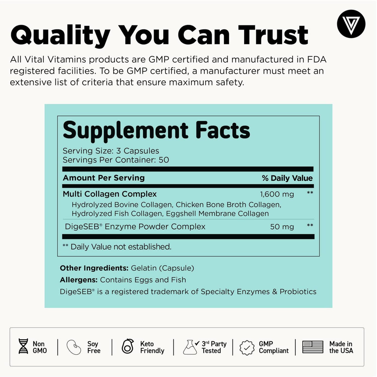 Black Multi Collagen Complex supplement bottle with Supplement Facts panel