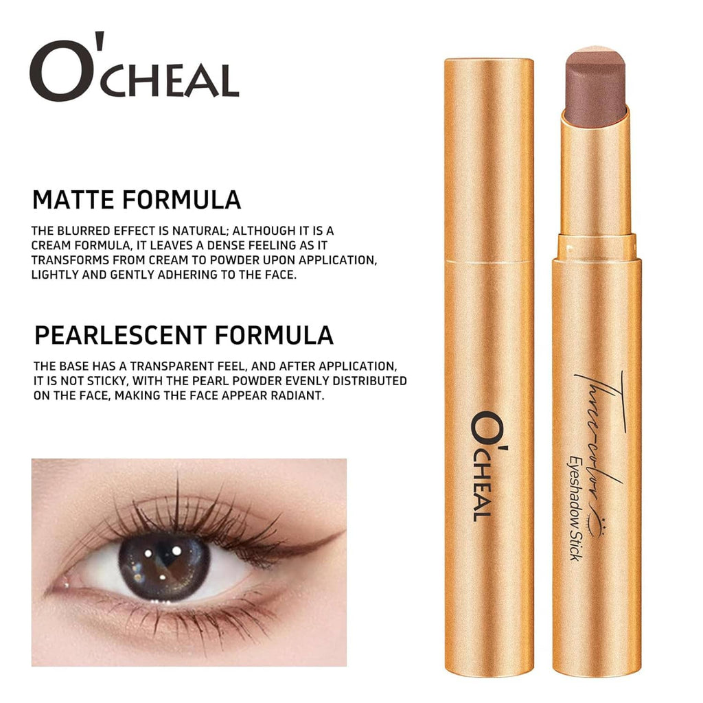 O'CHEAL eyeshadow sticks with matte and pearlescent finishes, plus eye close-up