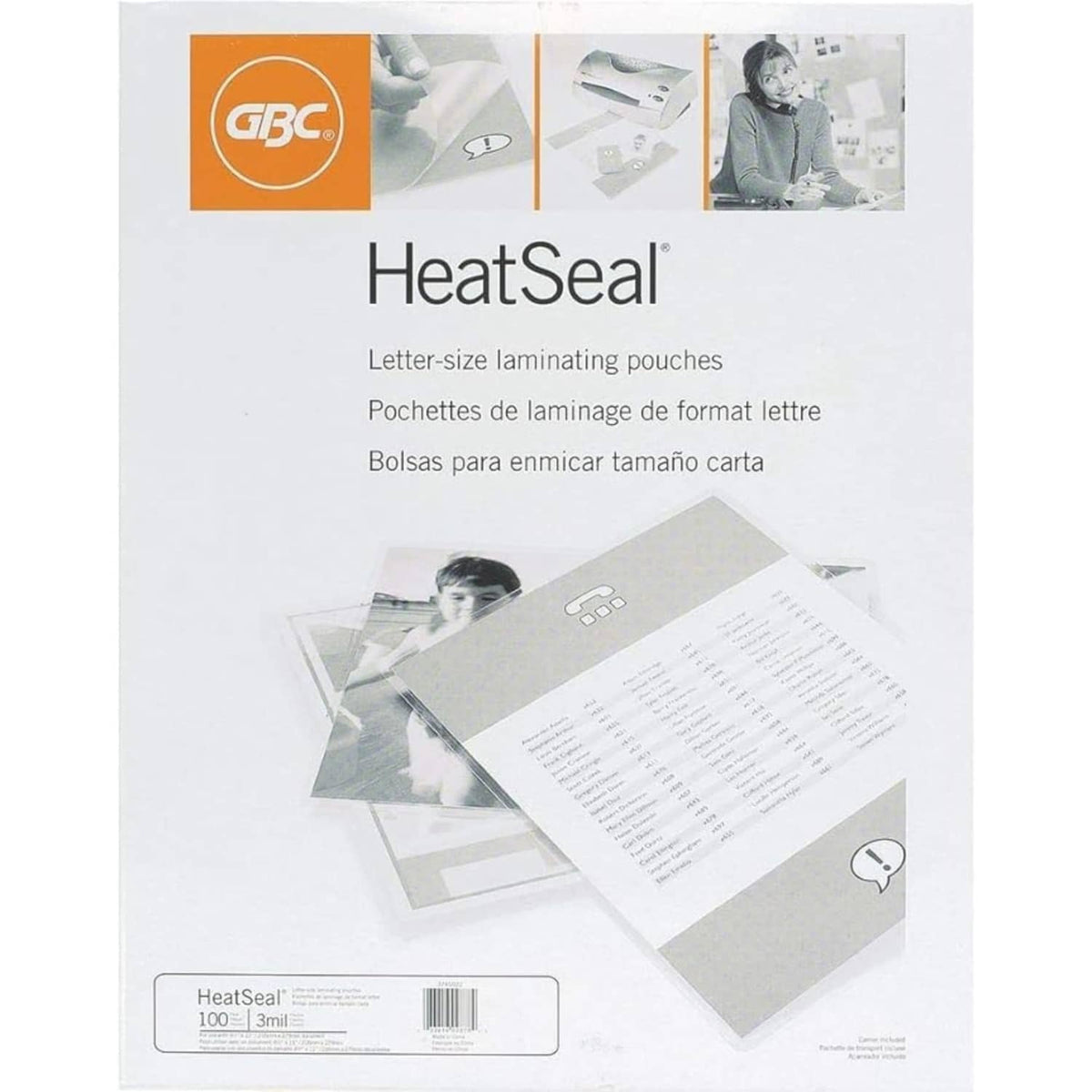 GBC HeatSeal letter-size laminating pouches, packaging with product label